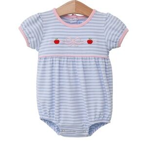 Trotter Street Kids bows apples appliqué bubble romper striped baby girl school